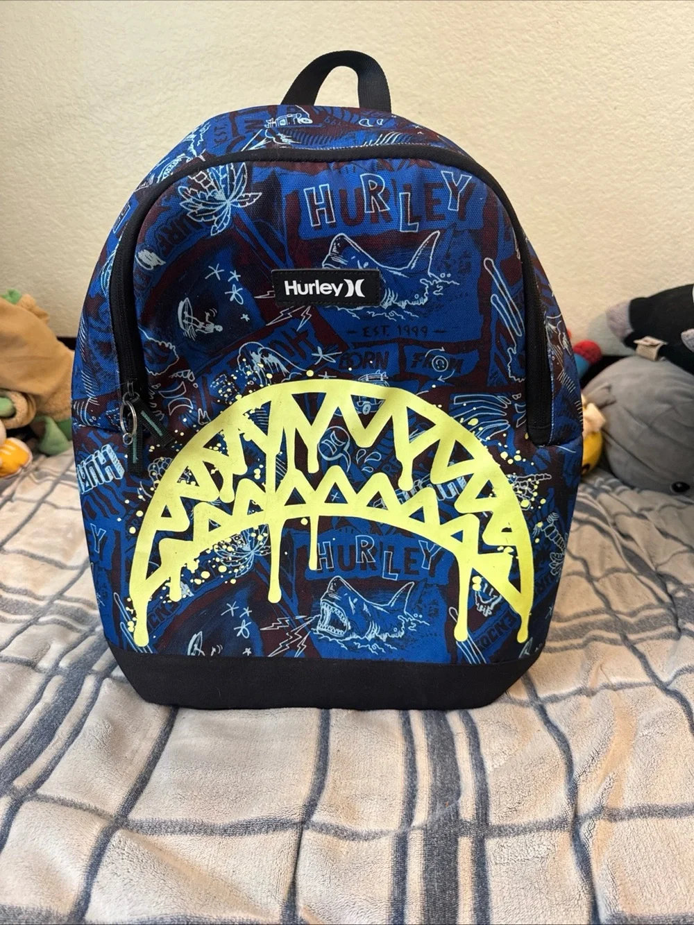 Hurley Blue Graphic Shark Backpack Bag Boys with Neon Yellow Accent